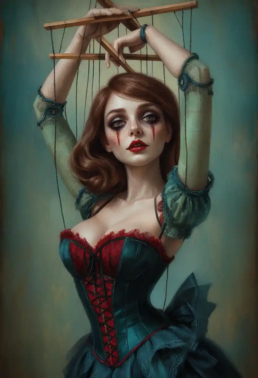 Marionette woman with auburn hair and painted tears