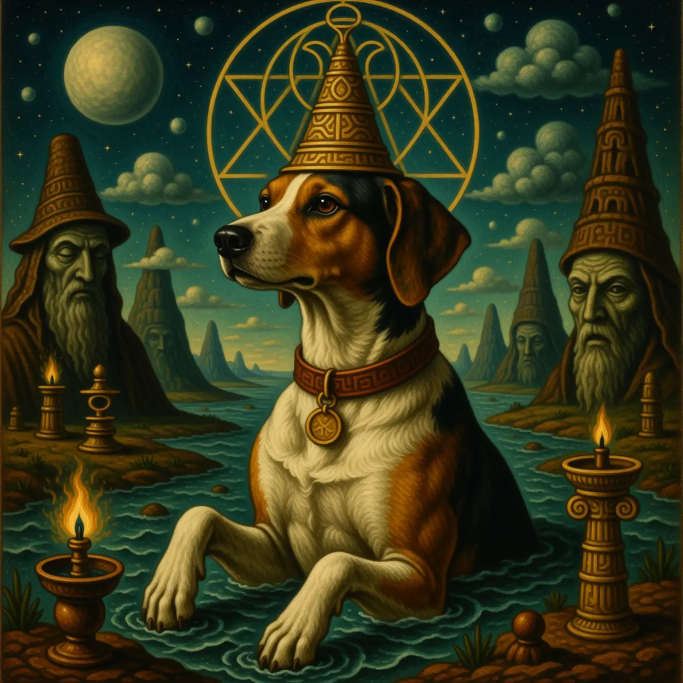 Dog headed mystic emerging from surreal dreamscape realm
