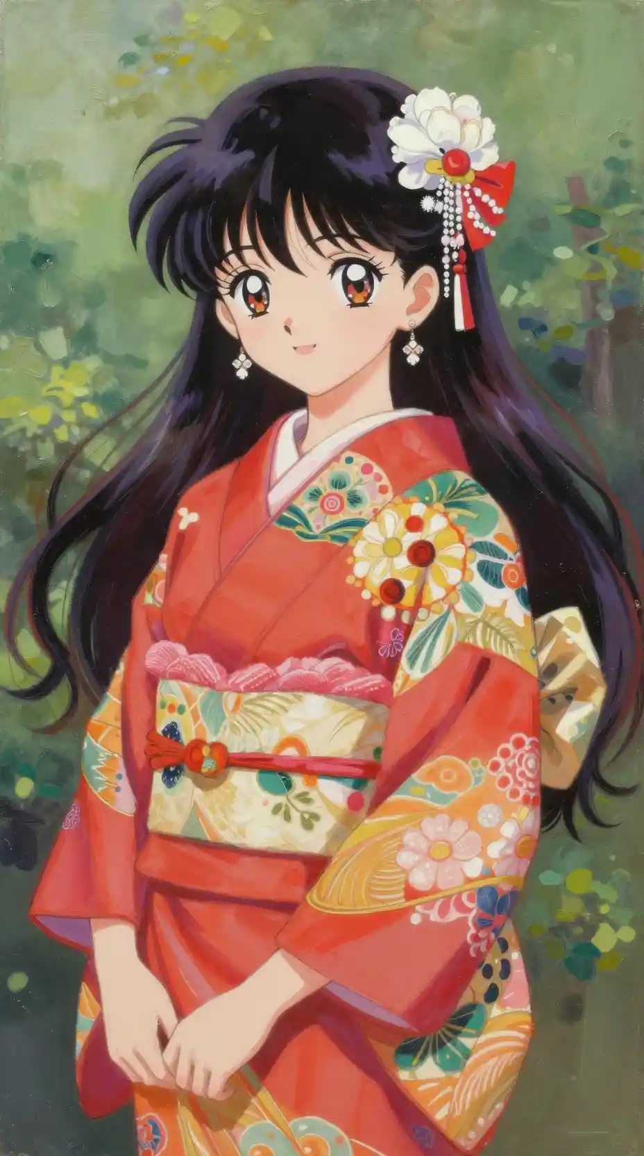 Anime girl in colorful furisode kimono outdoors