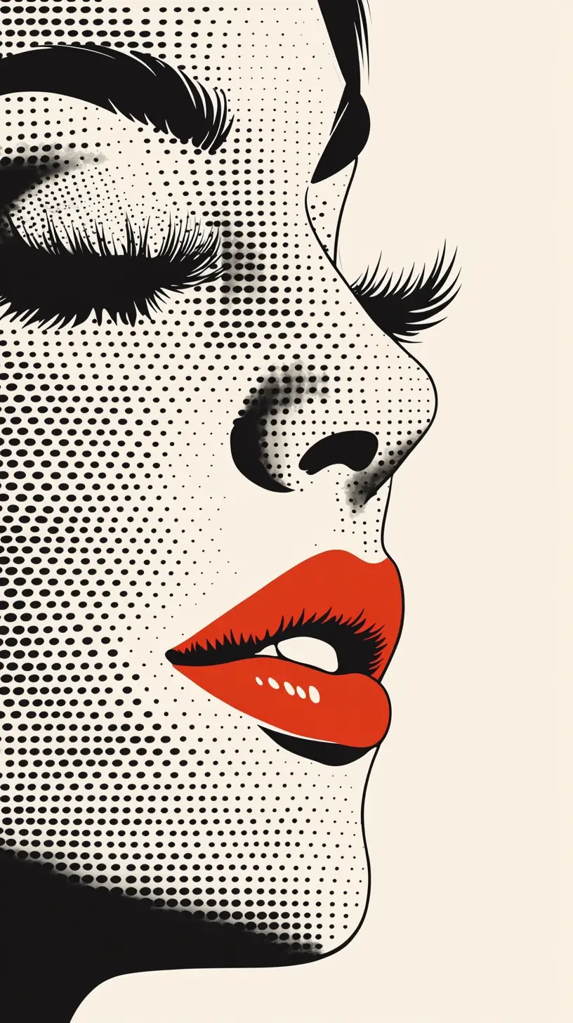 Pop art close up of halftone woman with orange red lips
