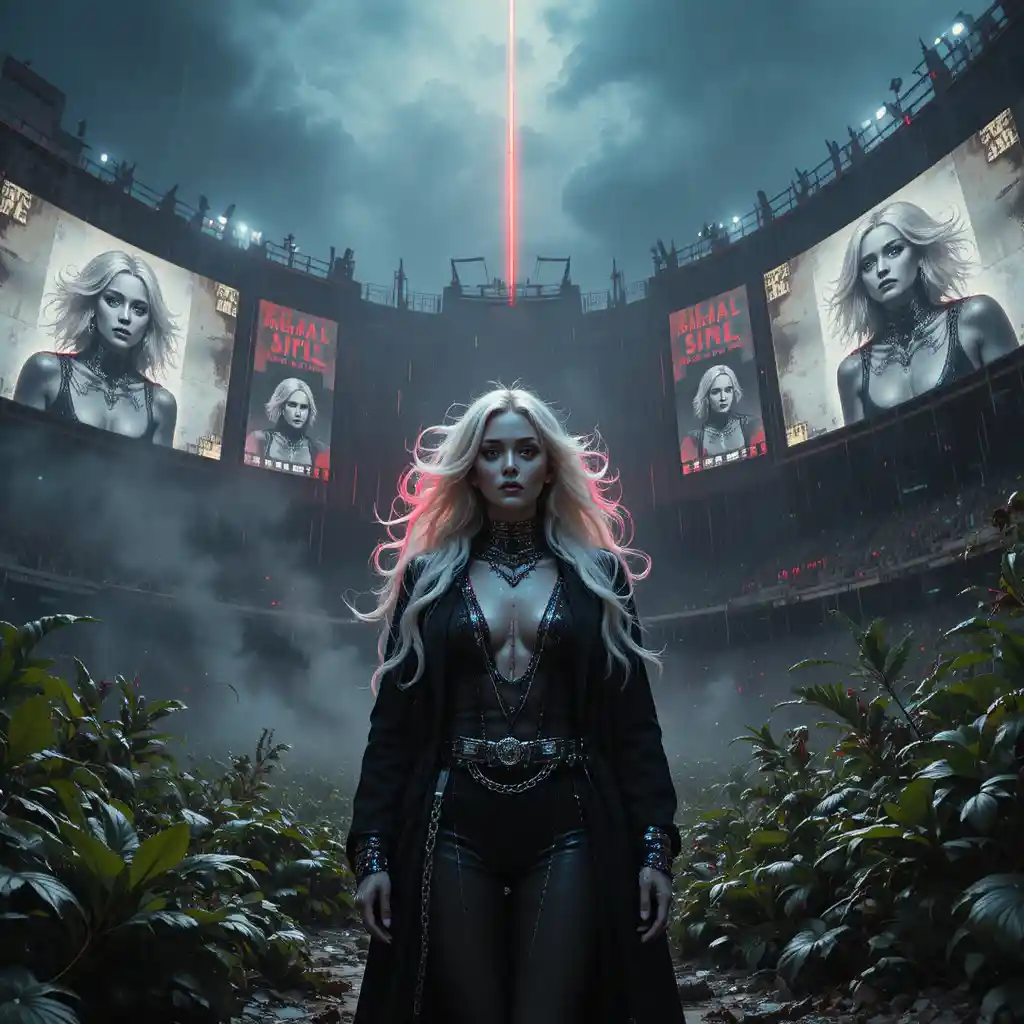 Woman under spotlight in ruined cyberpunk football stadium
