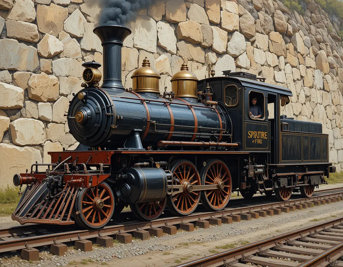 Vintage steam locomotive on tracks before a rocky wall