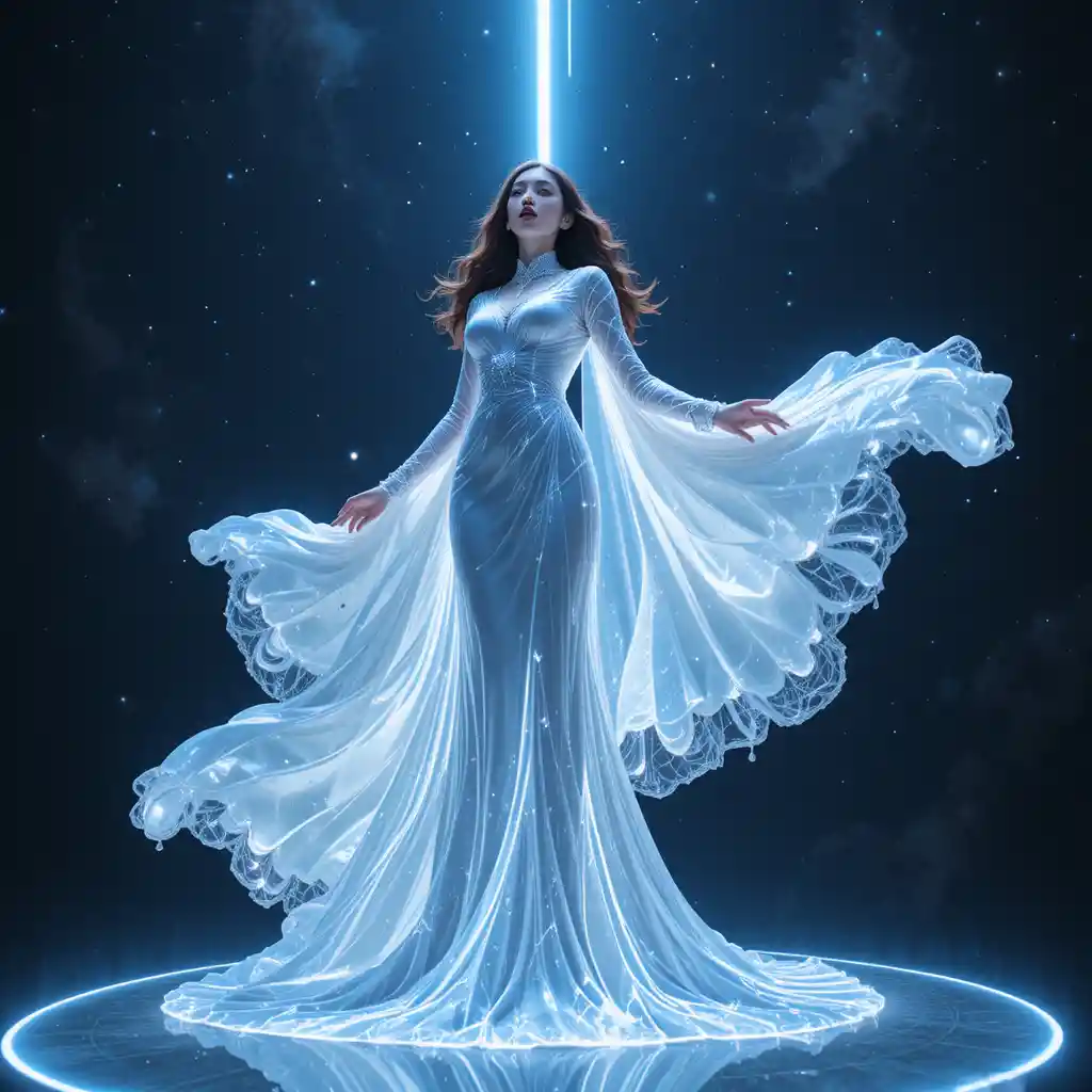 Tall Korean woman on gallium discs in glowing deep space