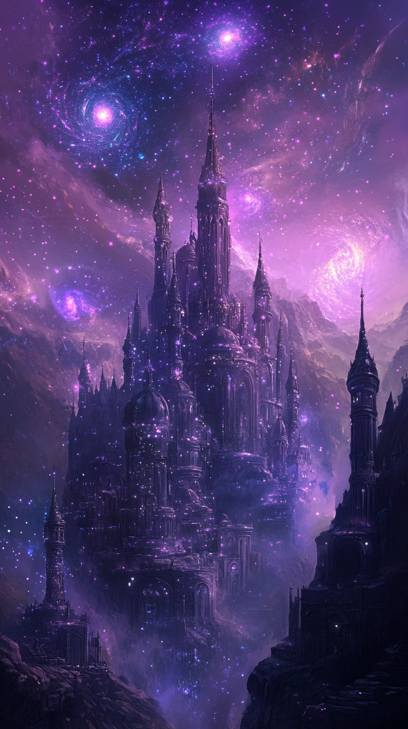 Ethereal Fantasy Castles Dissolving Into Starry Cosmic Skies