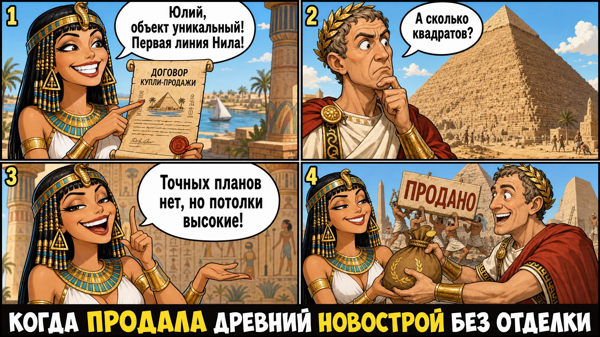 Humorous meme of Cleopatra selling the Great Pyramid to Caesar