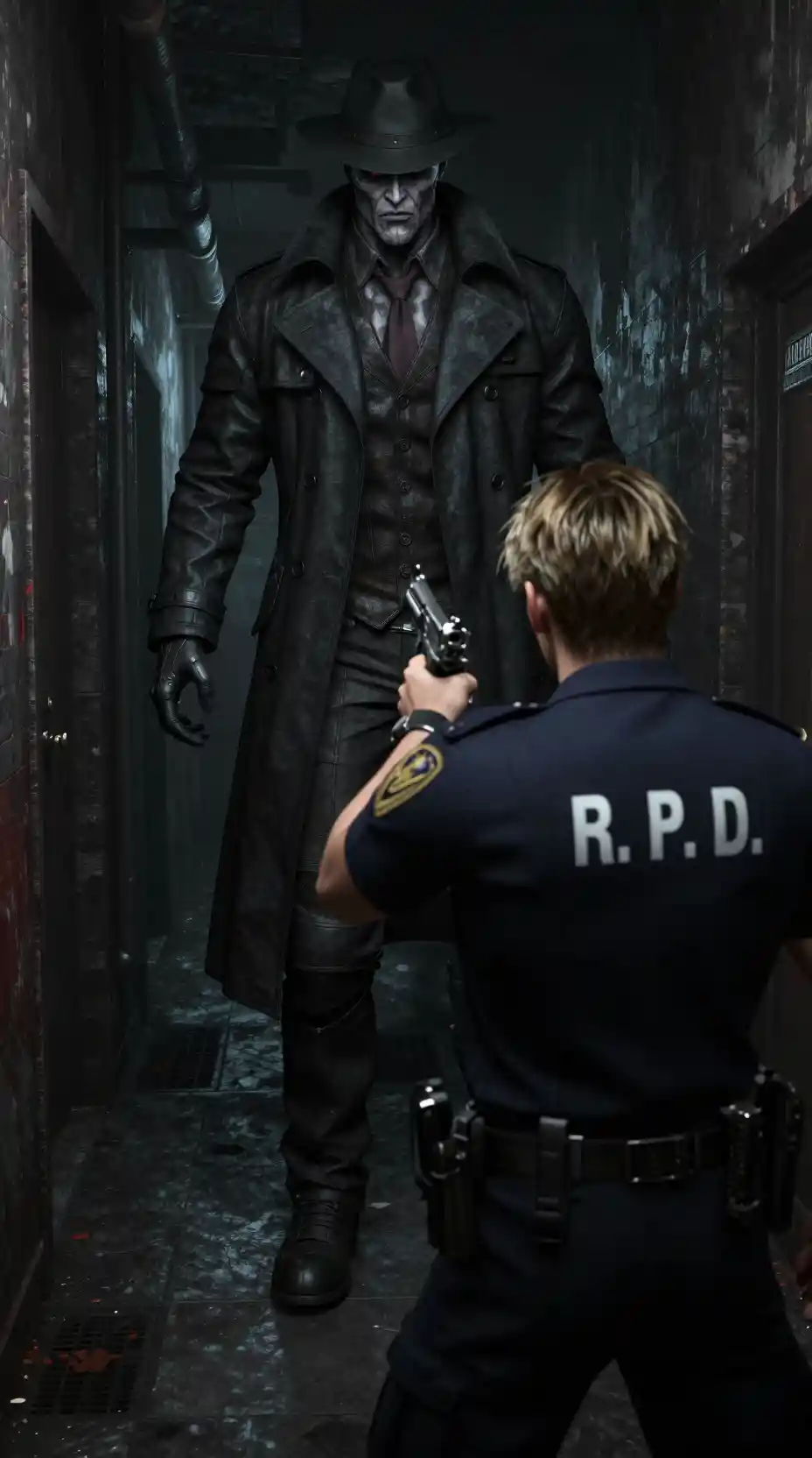 Tall tyrant in black coat stalking a police officer