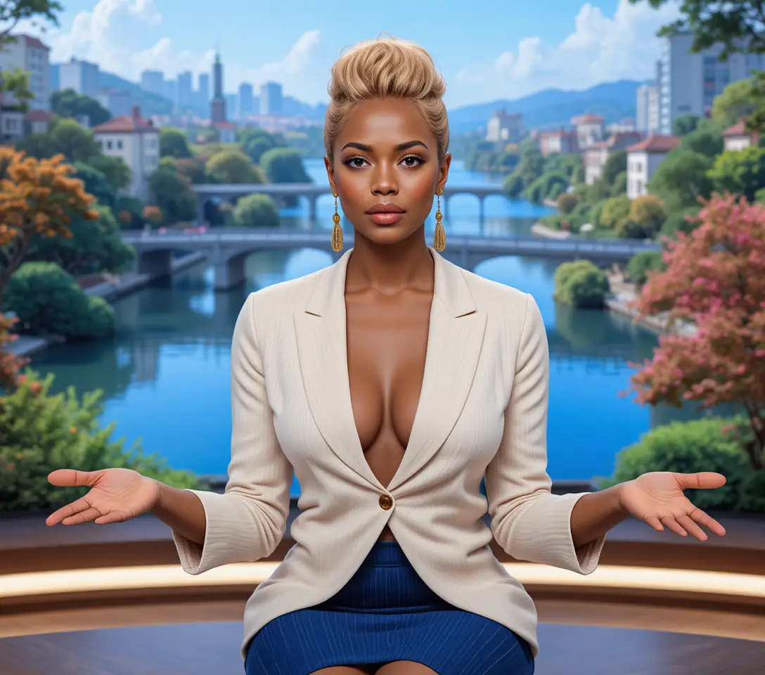 Mixed race tv presenter gesturing in a studio setting
