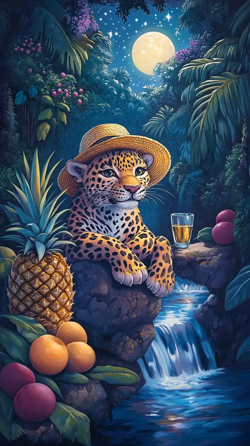 Smiling leopard with straw hat by a moonlit jungle brook
