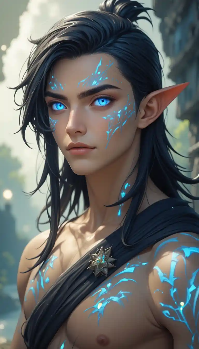 Junger Fantasy-Magier mit leuchtend blauen Augen und Zeichen