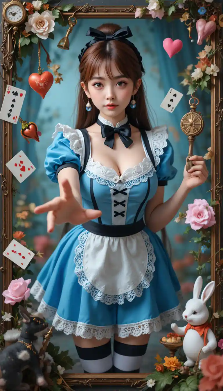 Fantasy maid girl reaching out in an Instagram style frame