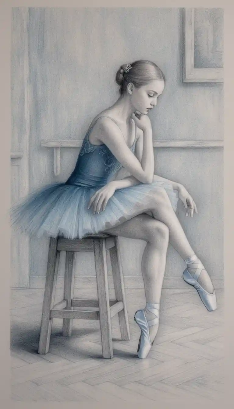 Ballerina seated in tutu on a rustic wooden stool