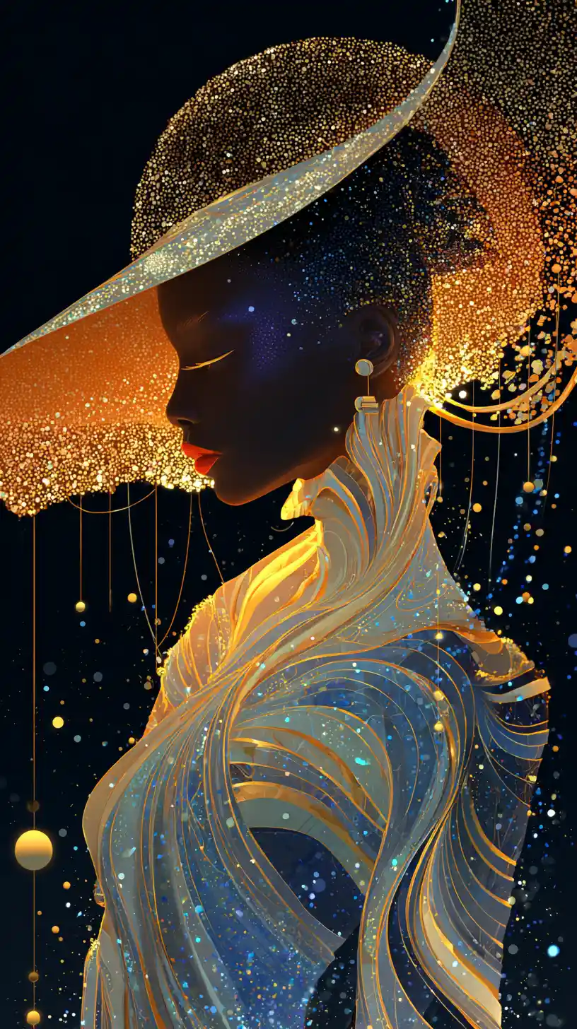 Ethereal woman in sparkling cosmic hat and flowing hair
