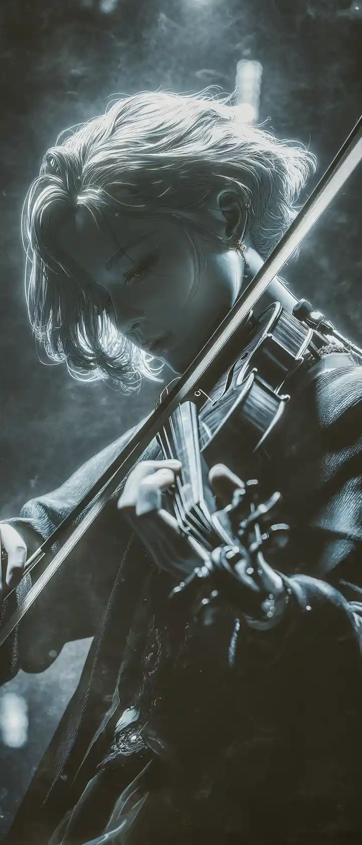Anime violinist on stage with a mysterious unseen guide