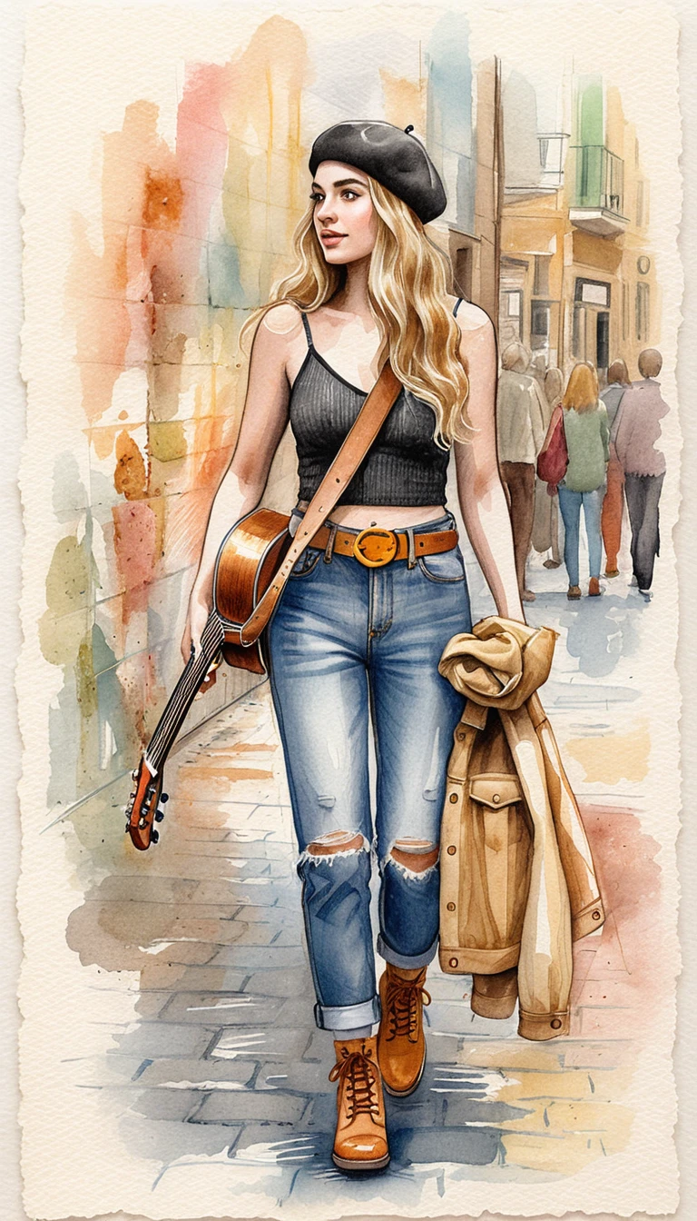 Giovane donna che cammina con la chitarra in una scena urbana bohémien