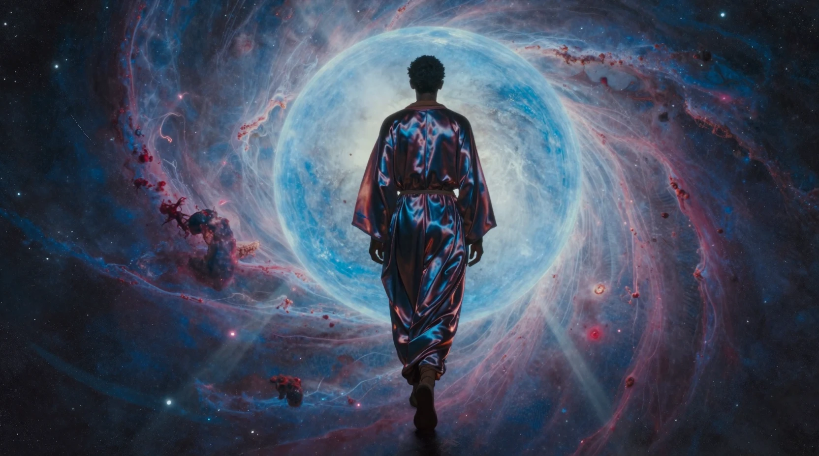 Traveler walking from blue orb toward radiant cosmic nebula