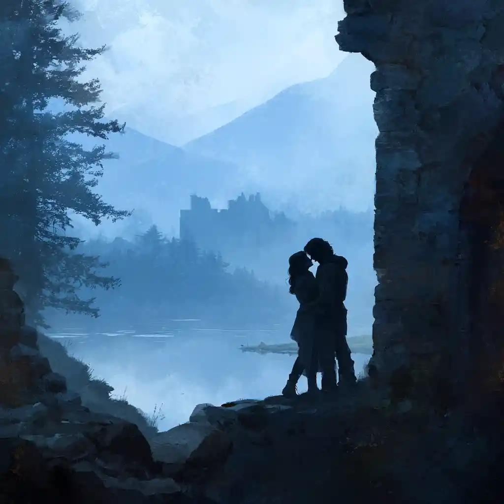 Romantic couple embracing in ruins above a misty loch