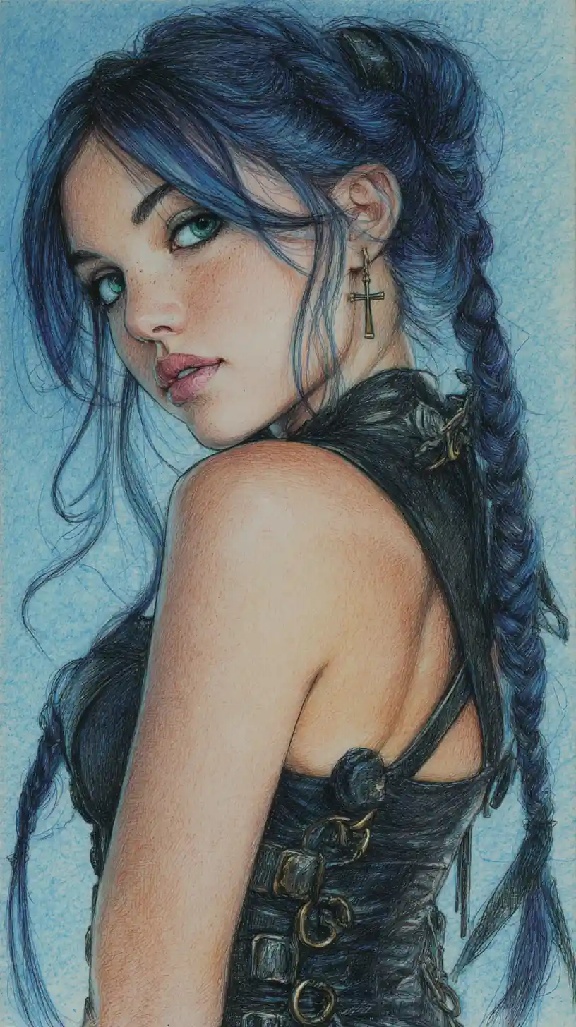 Anime girl in corset looking back with intense gaze