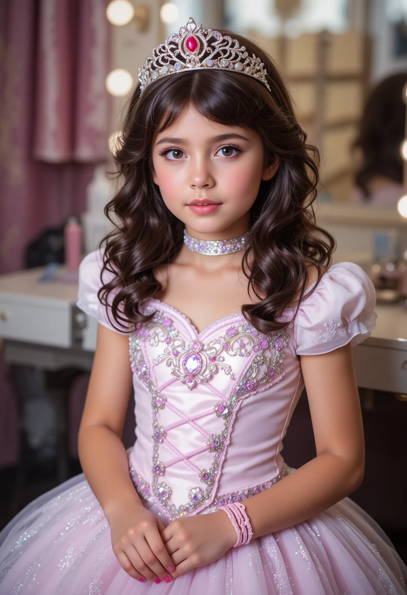 Tween boy in princess costume at backstage vanity mirror