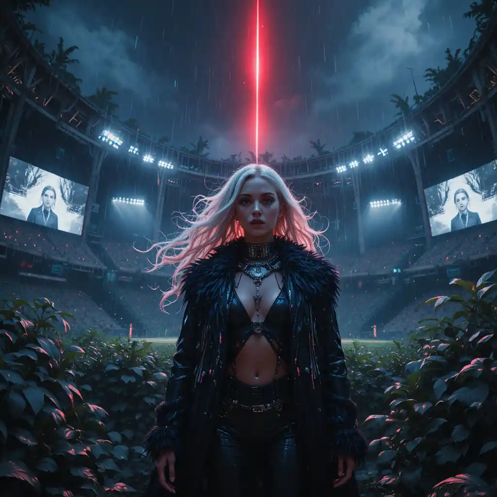 Woman in ruined stadium under cybernetic jungle night sky