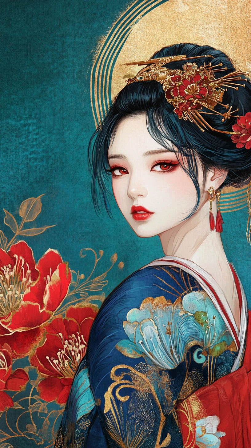 Elegant feathered portrait of an Asian woman with golden halo