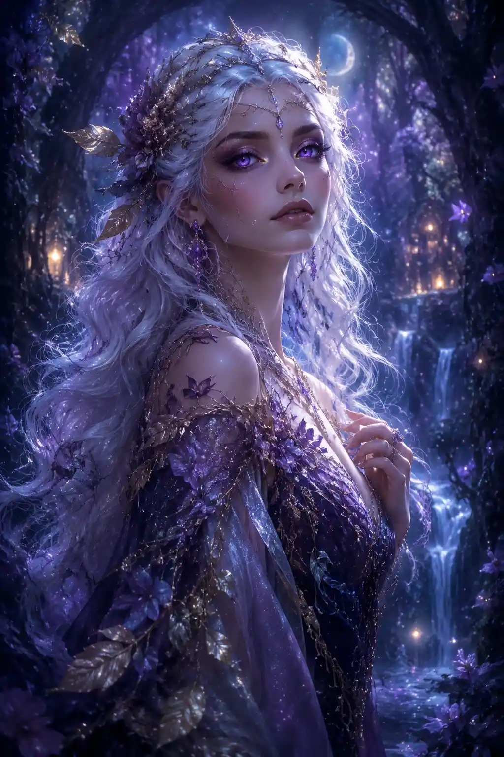 Mystical woman with glowing hair in enchanted forest