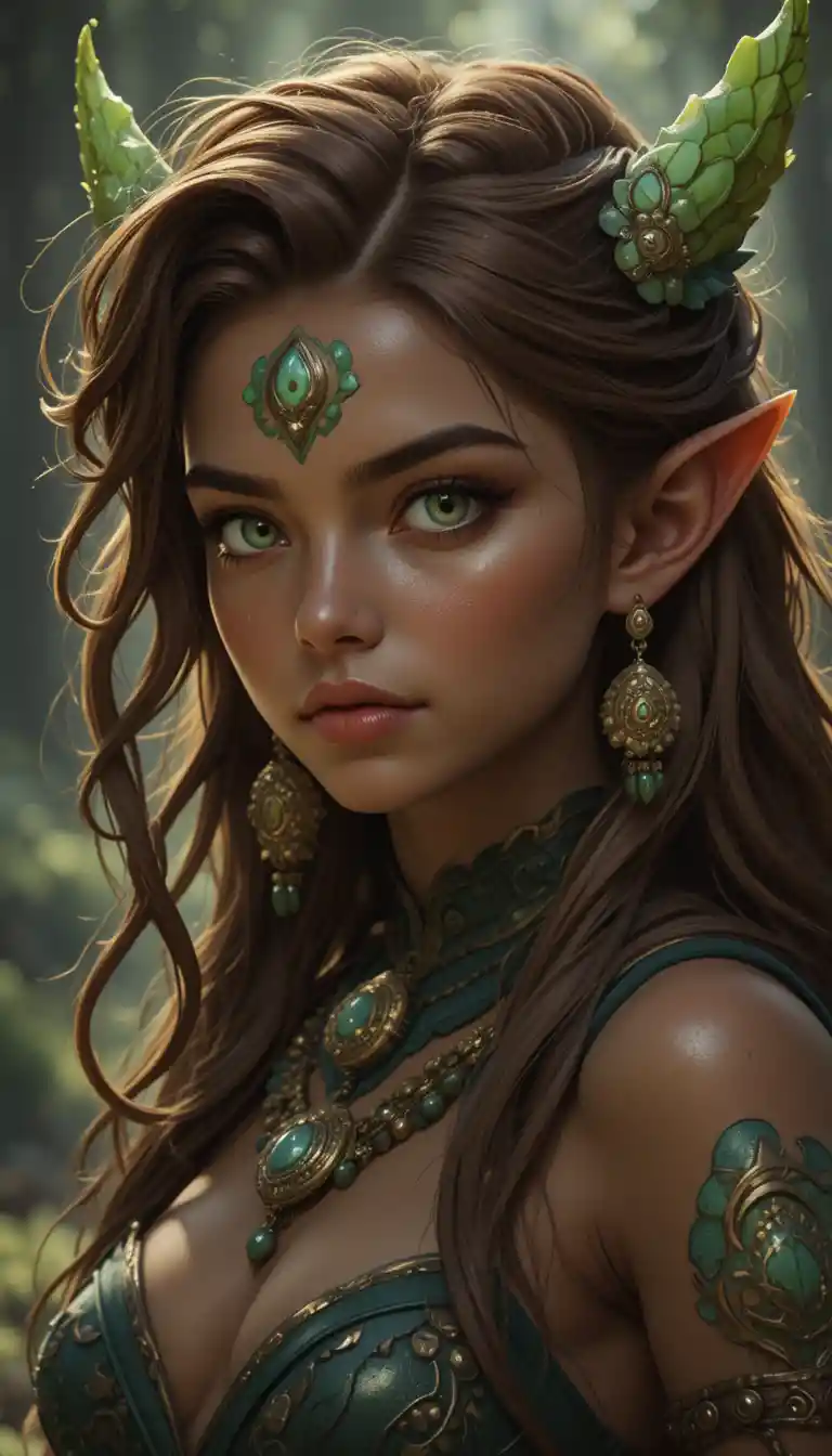 Brown skinned fantasy woman with green eyes and long wavy hair