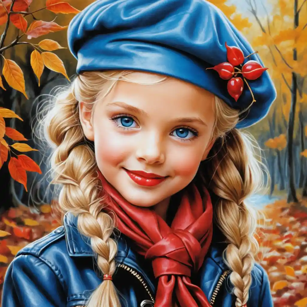 Smiling blonde girl in red beret on an autumn day