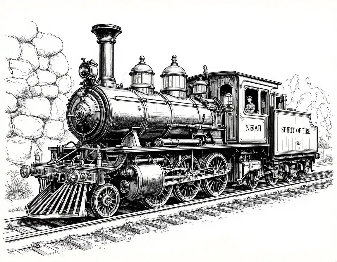 Vintage steam locomotive on tracks before a rocky wall