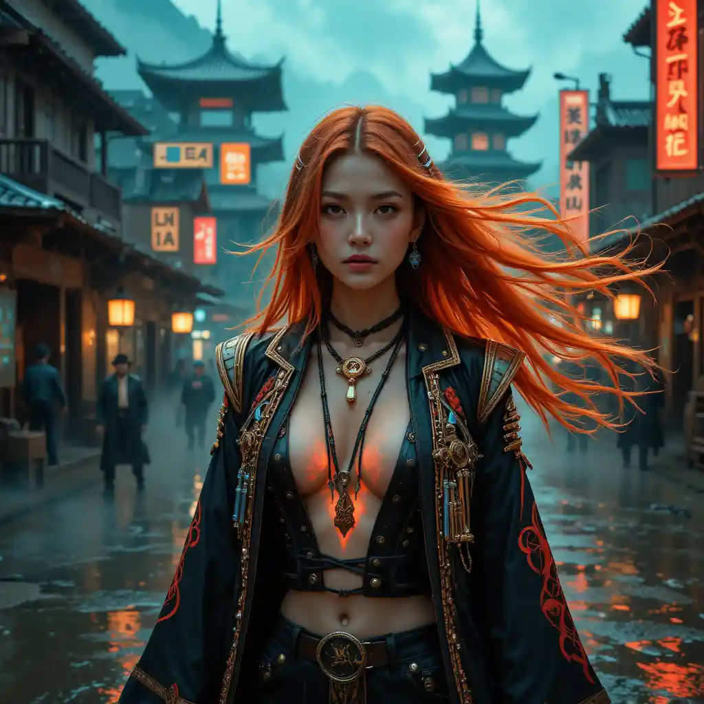 Cyberpunk ronin woman in a flooded neon frontier street