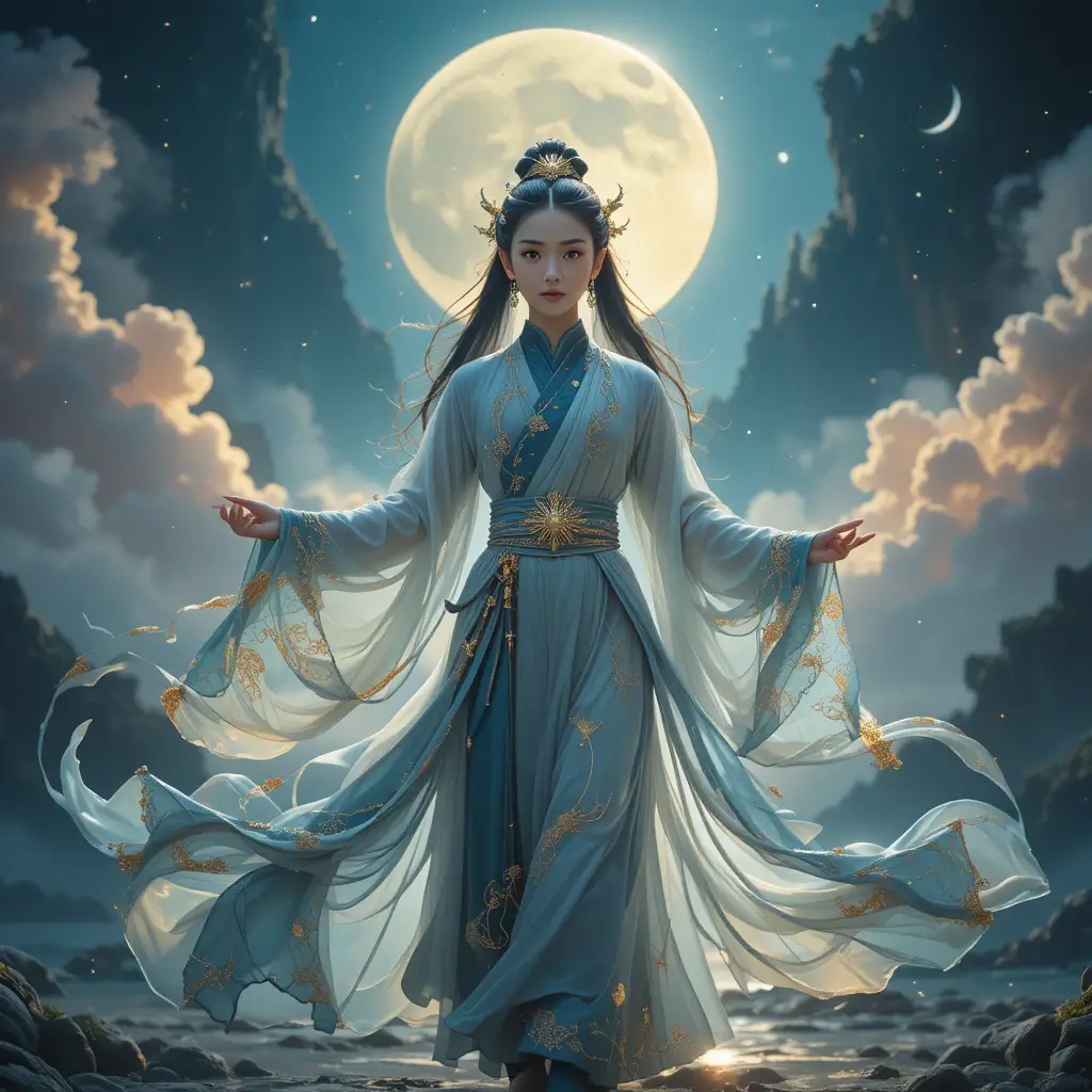 身著光耀帝王絲袍的年輕天界女子