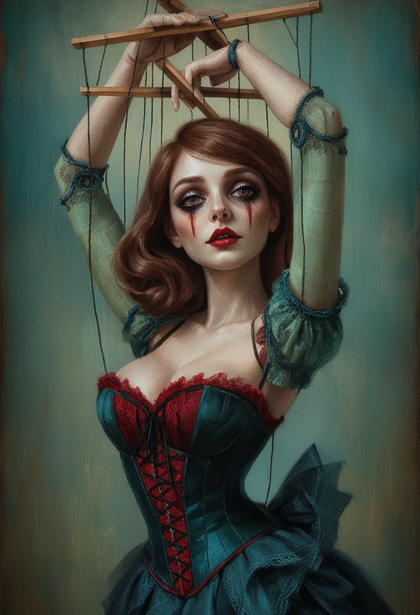 Marionette woman with auburn hair and painted tears