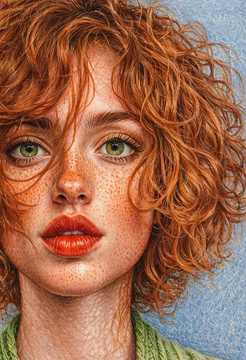 Freckled young woman with curly auburn hair close up portrait