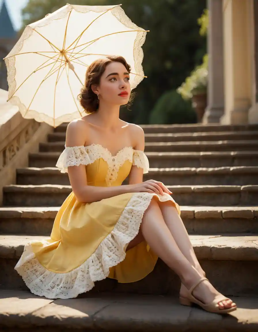 Young woman in yellow sundress sitting on outdoor steps