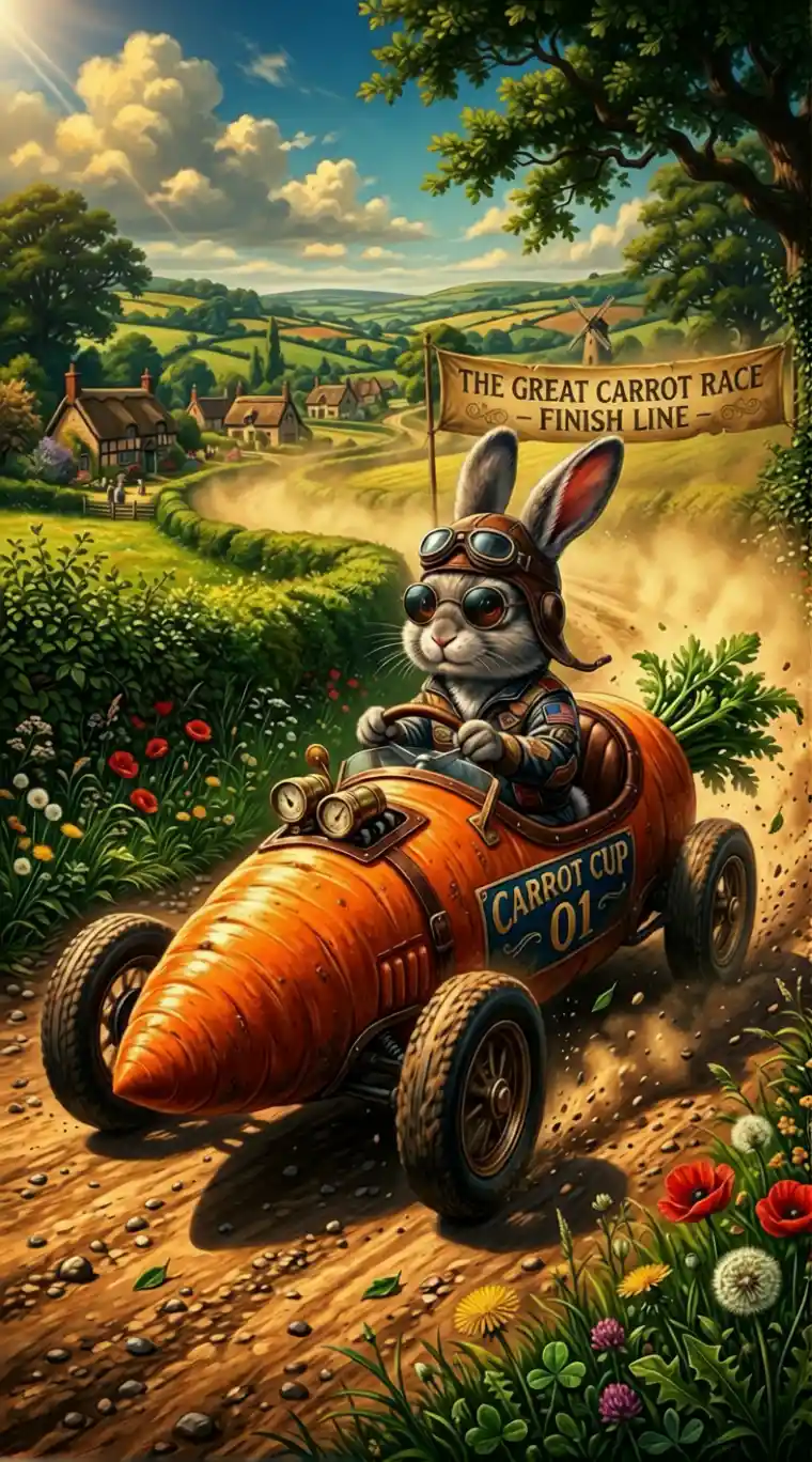 Rabbit racing a carrot car along a sunny country lane