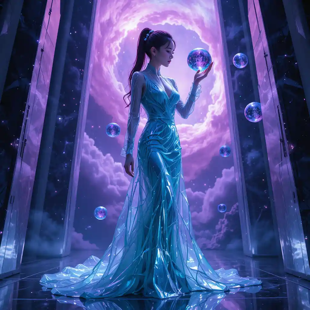 Korean woman guiding floating mercury orb in crystal spire