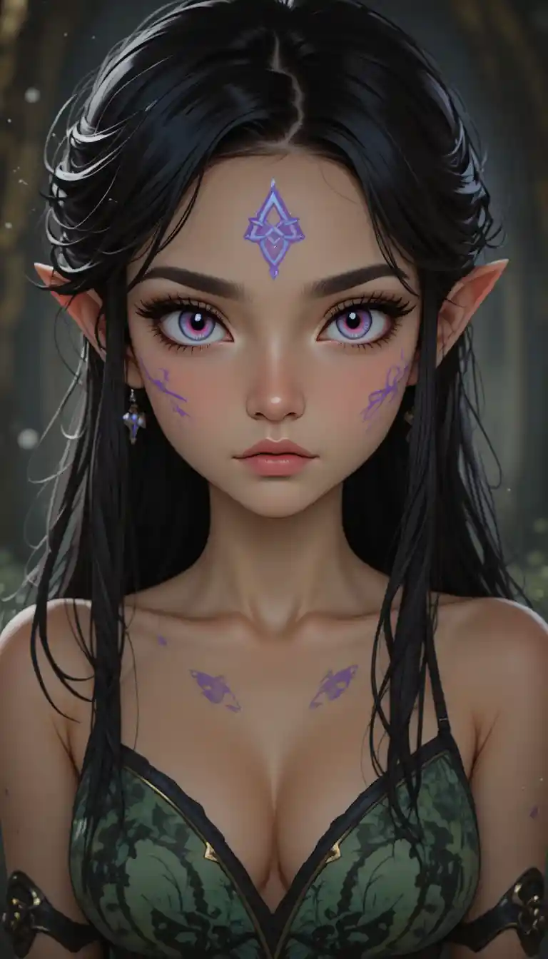 Young witch girl with dark hair and violet eyes