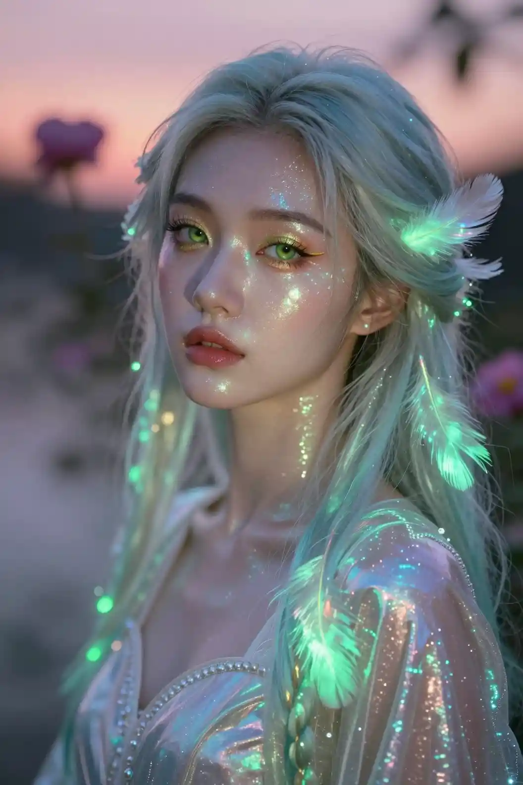 Mythical being in glowing armor amid luminous mist
