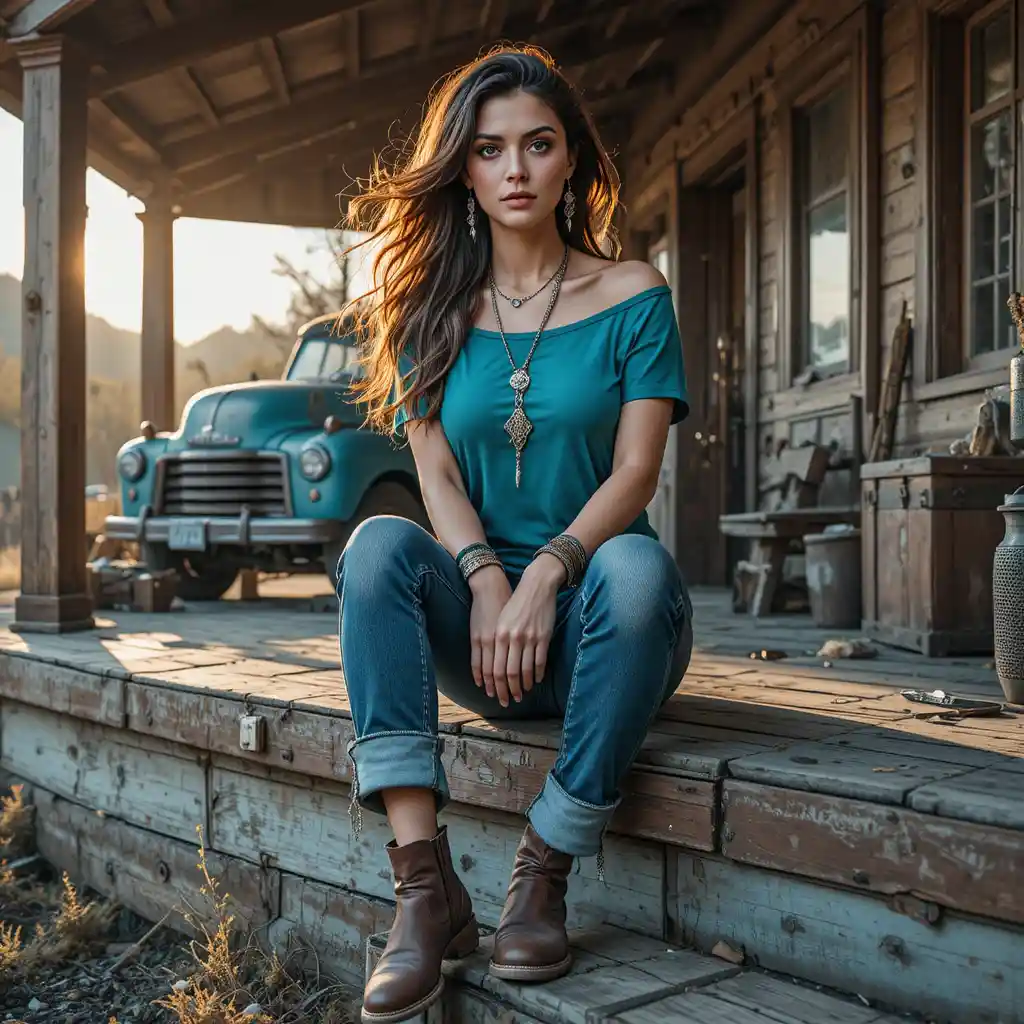 Bohemian woman on rusty truck porch at golden hour