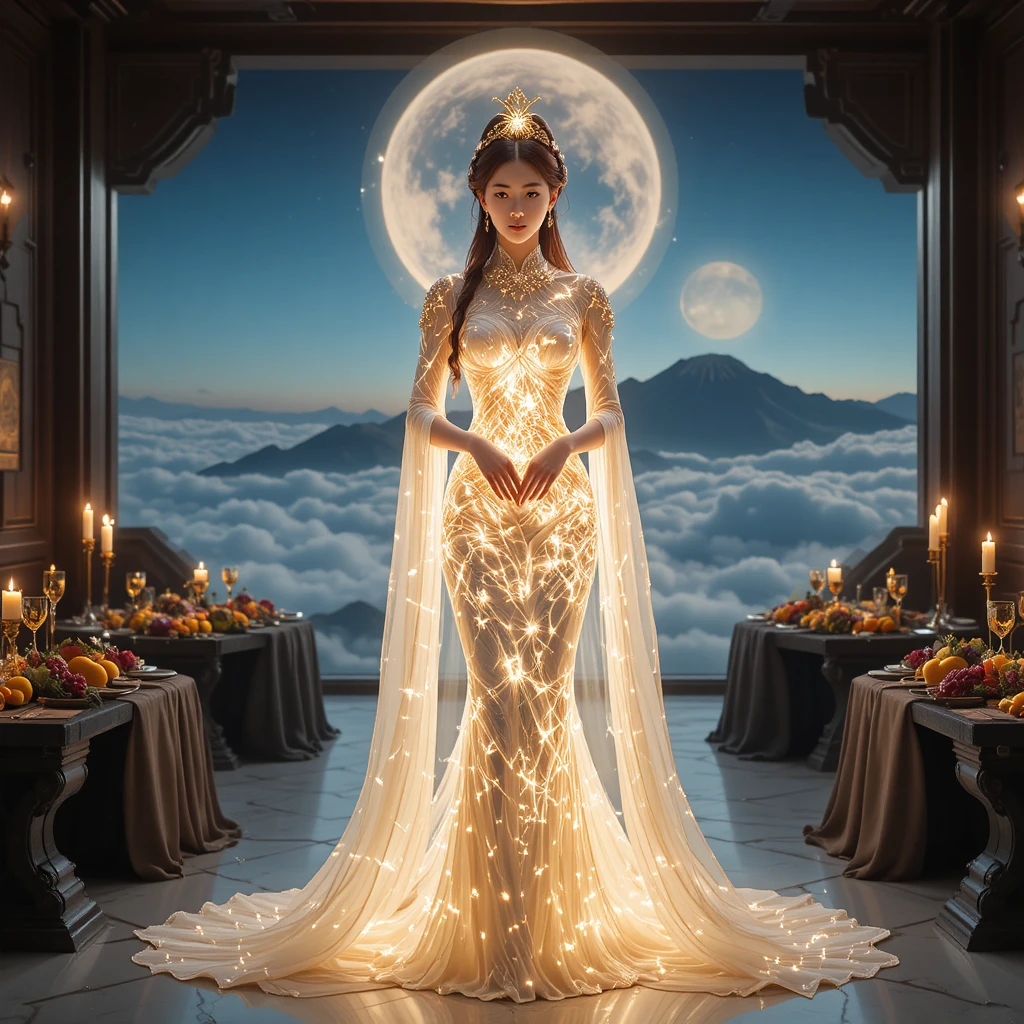 Serene goddess at a luminous mountain top banquet