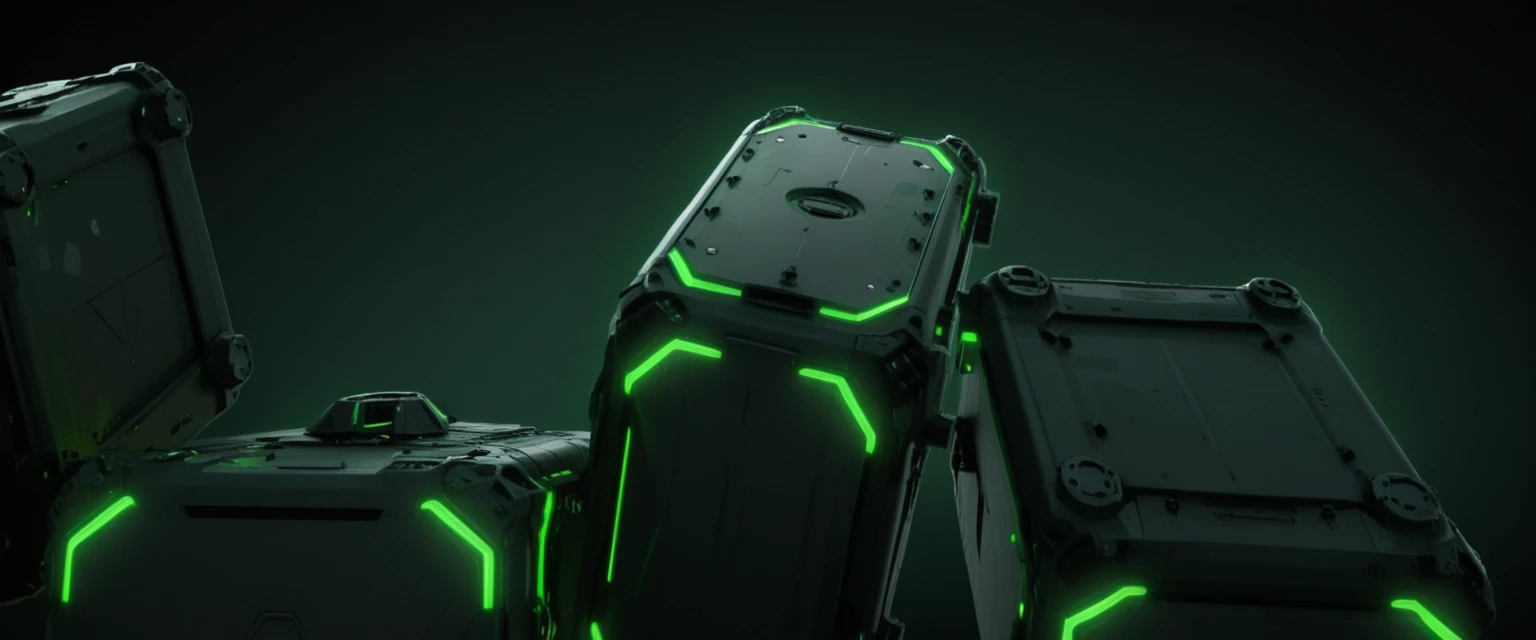 Futuristic green containers floating against black background