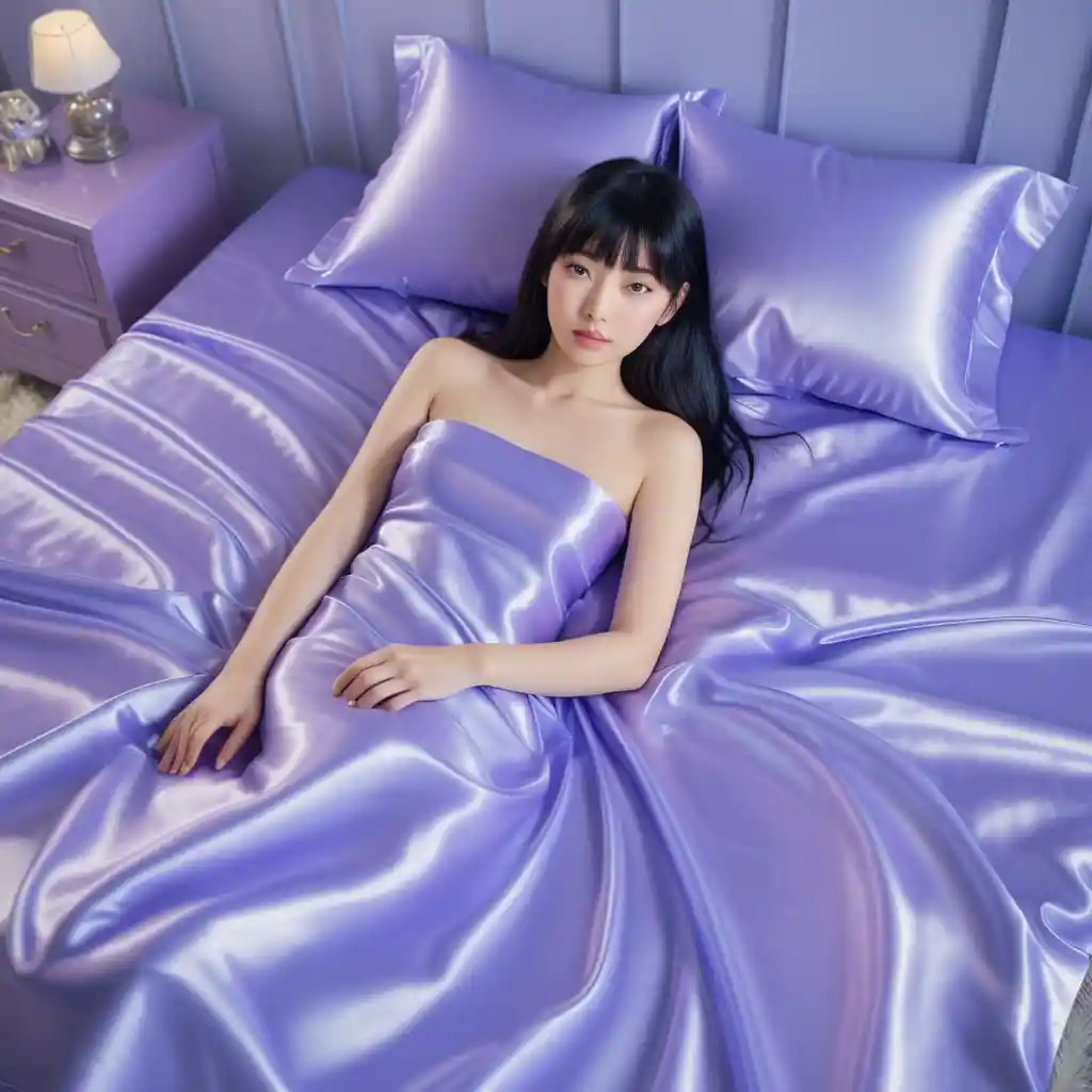 Japanese woman lying on shiny lavender satin bed