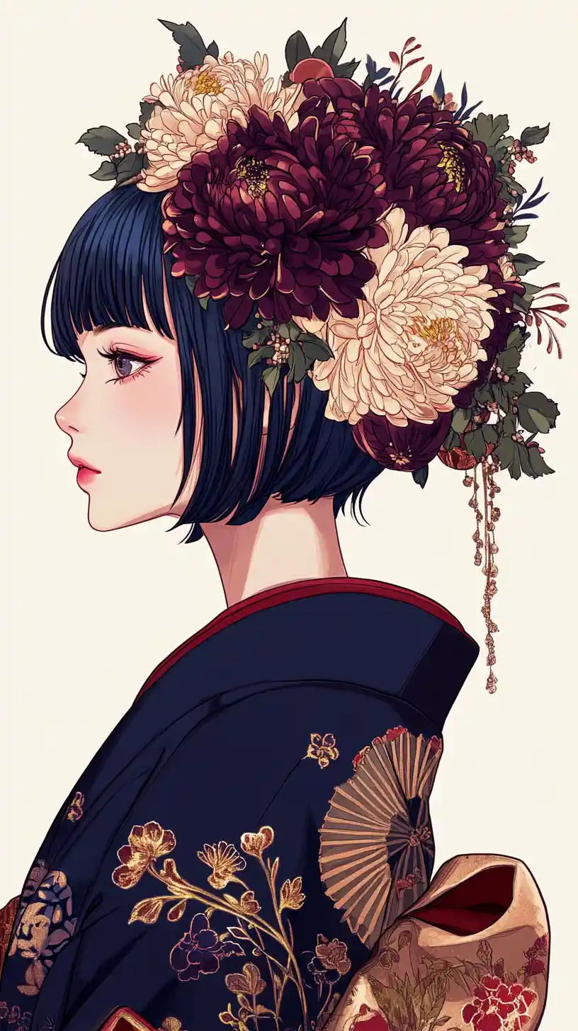 Elegant anime woman in floral kimono profile portrait