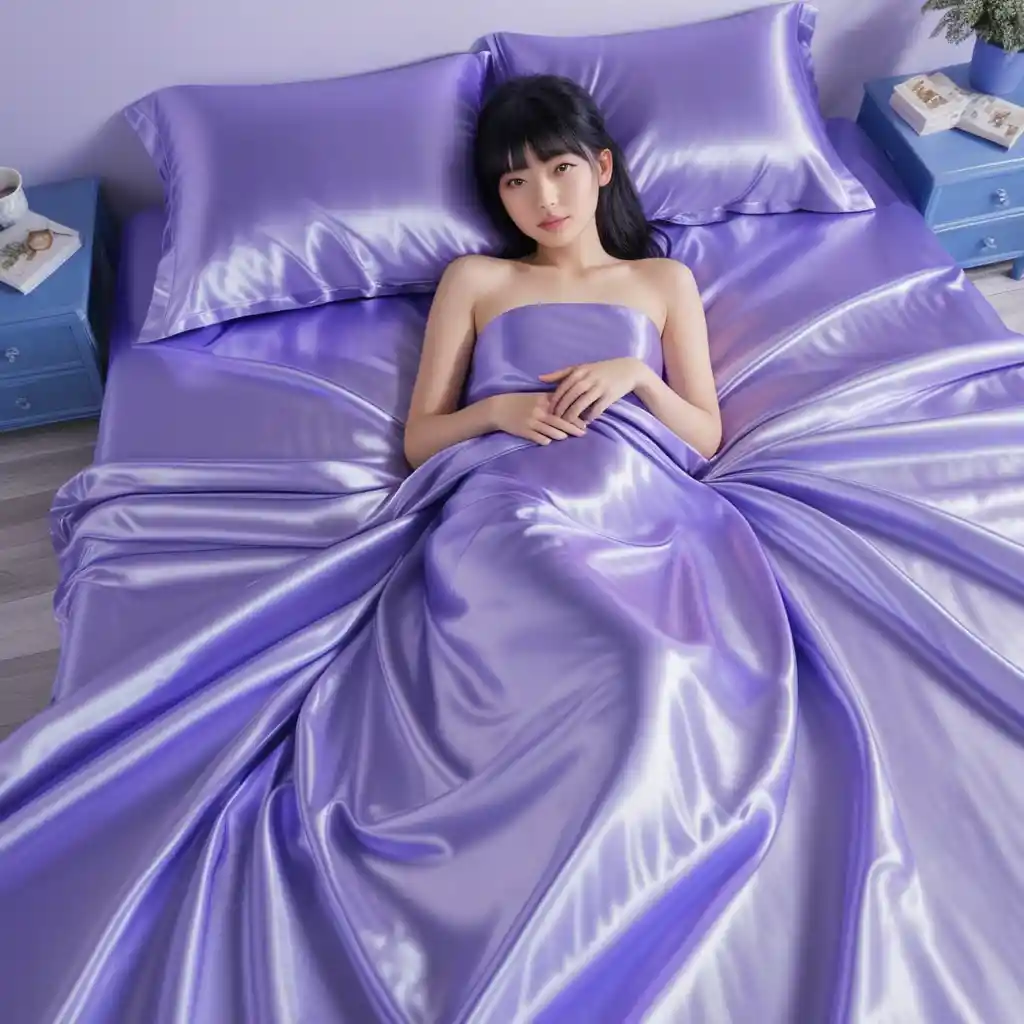 Japanese woman lying on glossy lavender satin bed sheets