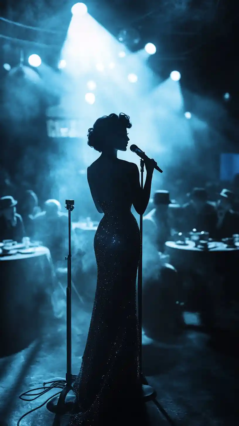 Elegant jazz singer under a spotlight in smoky nightclub