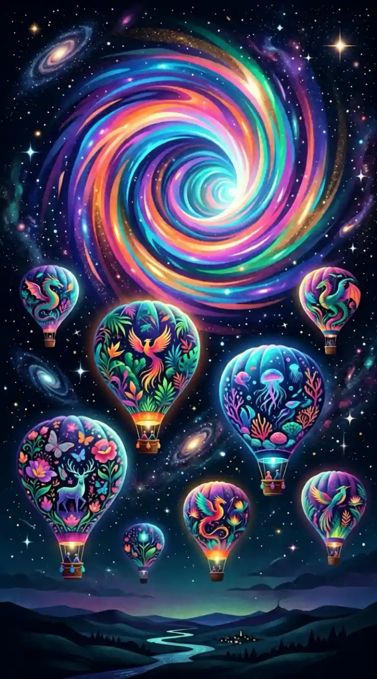 Surreal sky portal with vibrant hot air balloons