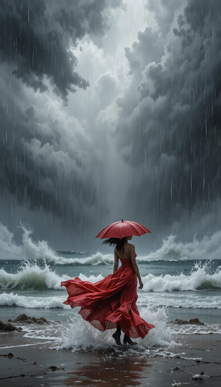 Stormy grey sea in heavy rain and strong wind