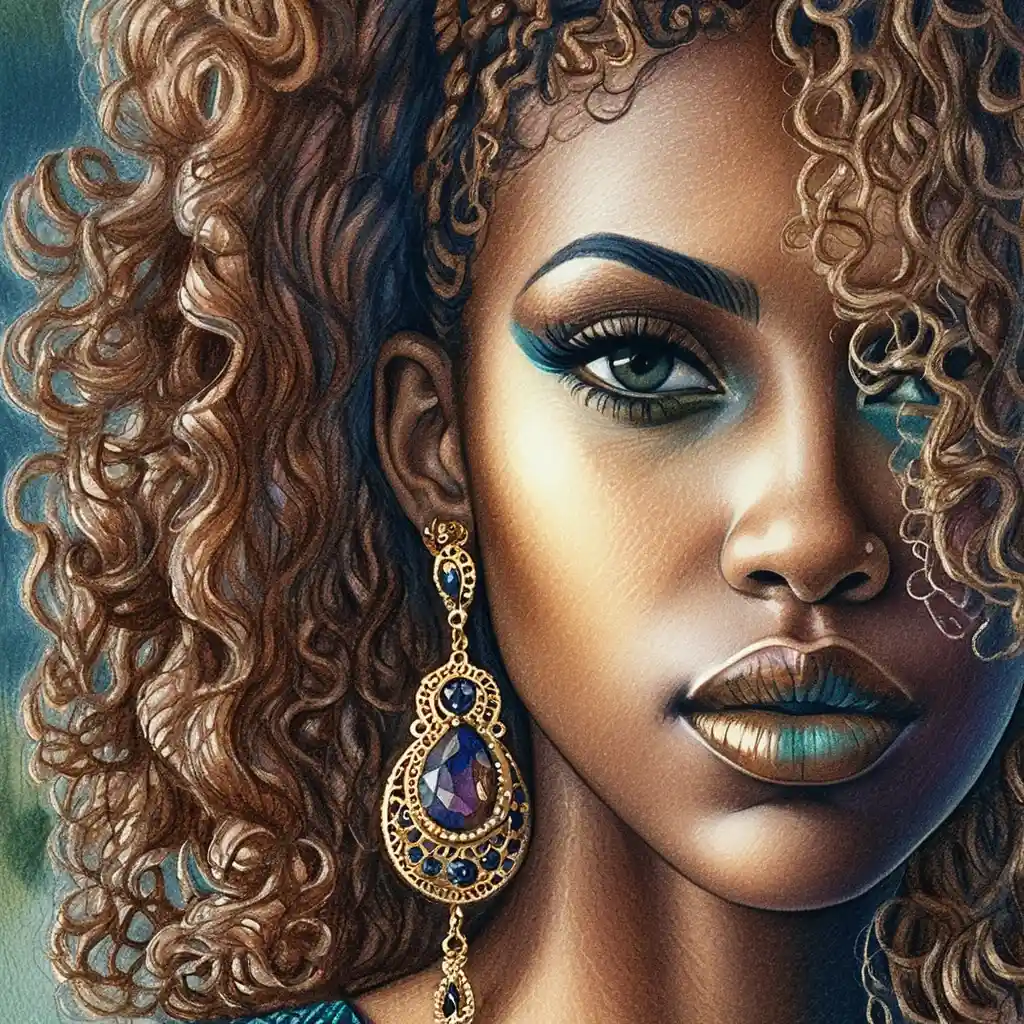 Close up portrait of a woman with curly highlighted hair