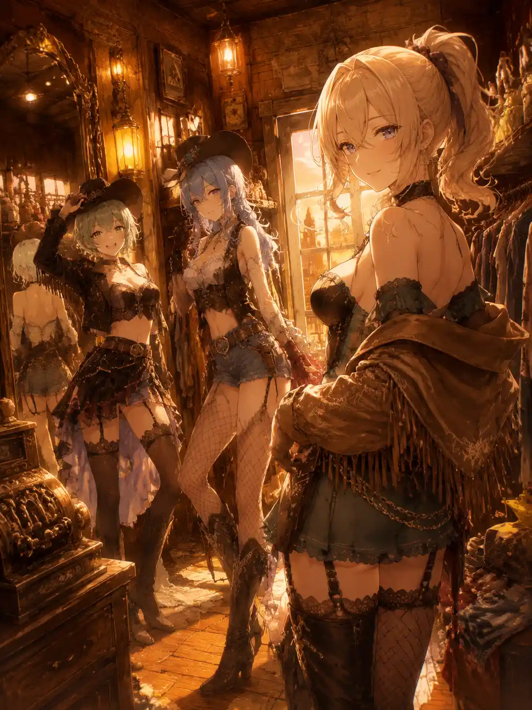 Anime women trying cowgirl outfits in warm western boutique