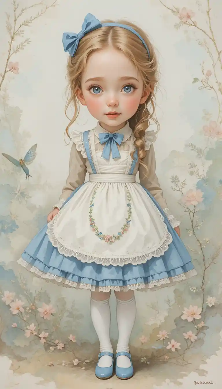 Whimsical Portrait Of A Young Girl In Blue And White