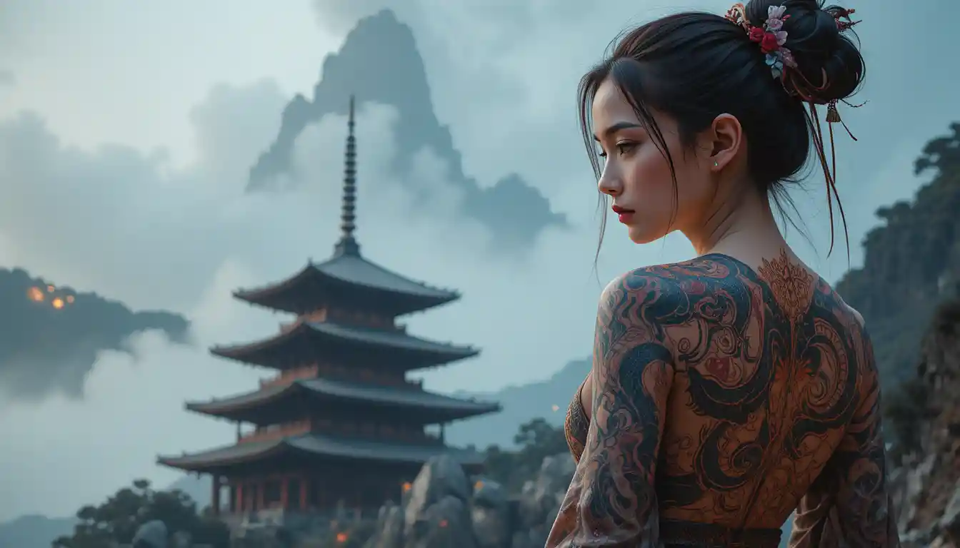 Japanese woman with dragon tattoo before fiery temple